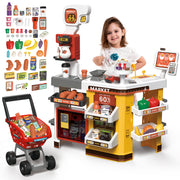 65 PCS Grocery Store Playset Pretend Supermarket Playset for Kids w/ Shopping Cart Cash Register Play Food Accessories Christmas Birthday Gift